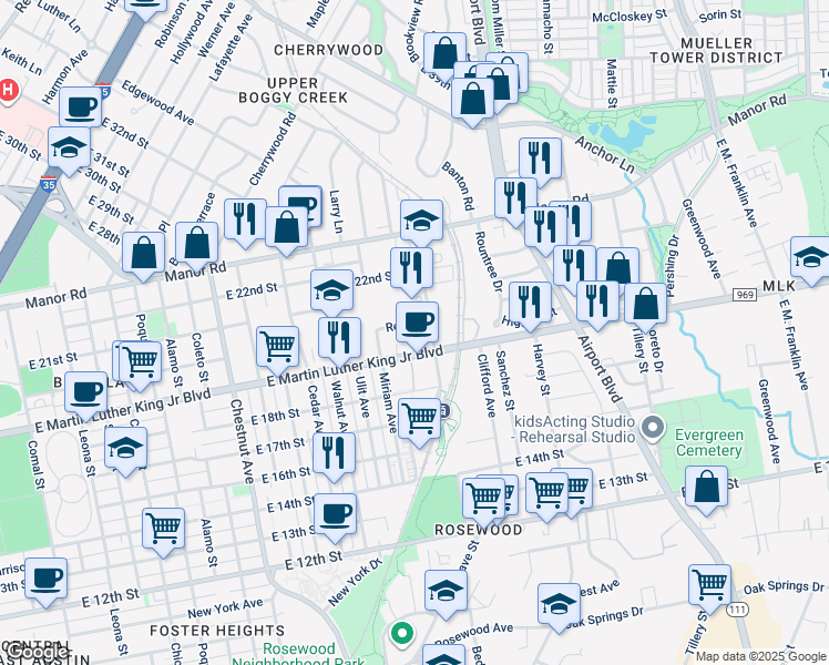 map of restaurants, bars, coffee shops, grocery stores, and more near 2832 East Martin Luther King Junior Boulevard in Austin