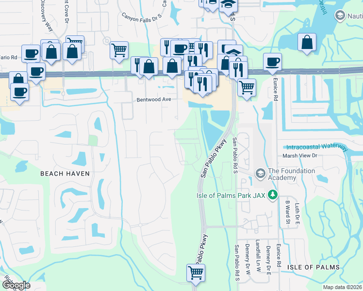 map of restaurants, bars, coffee shops, grocery stores, and more near 3628 Marsh Reserve Boulevard in Jacksonville