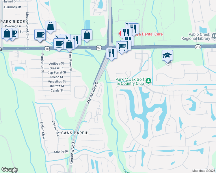 map of restaurants, bars, coffee shops, grocery stores, and more near 3732 Biggin Church Road West in Jacksonville