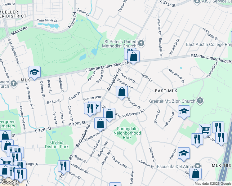 map of restaurants, bars, coffee shops, grocery stores, and more near 1603 Berene Avenue in Austin