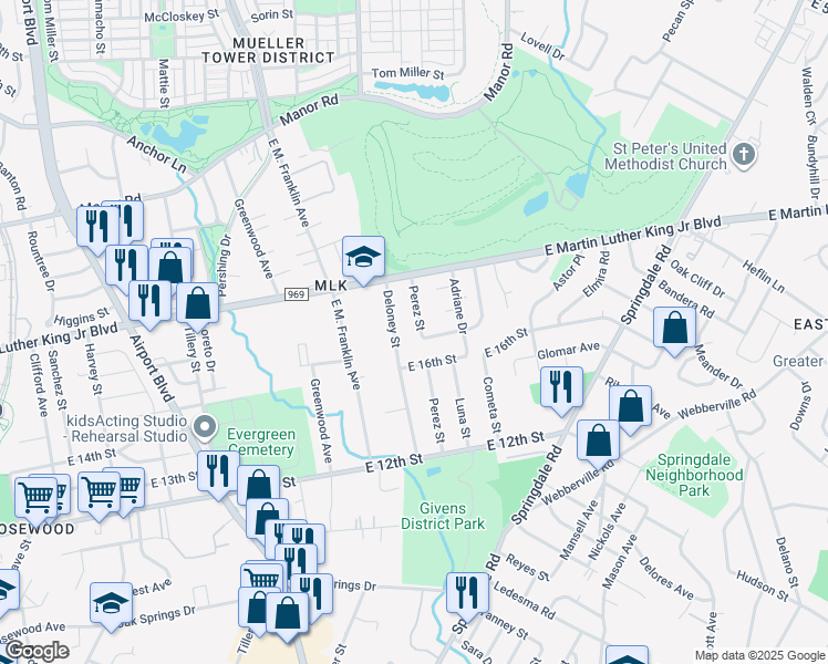 map of restaurants, bars, coffee shops, grocery stores, and more near 1613 Deloney Street in Austin