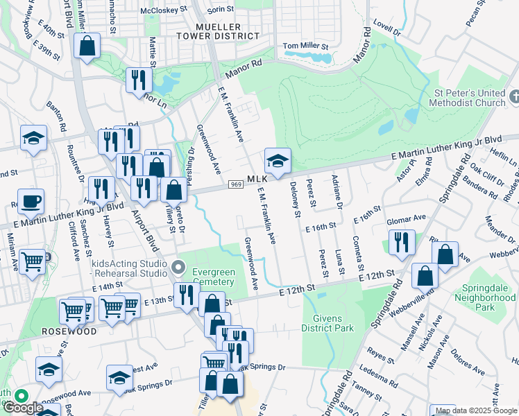map of restaurants, bars, coffee shops, grocery stores, and more near 1704 E. M. Franklin Avenue in Austin