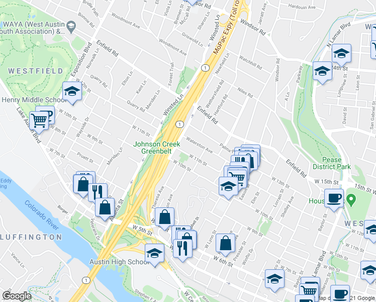 map of restaurants, bars, coffee shops, grocery stores, and more near 1812 West 11th Street in Austin