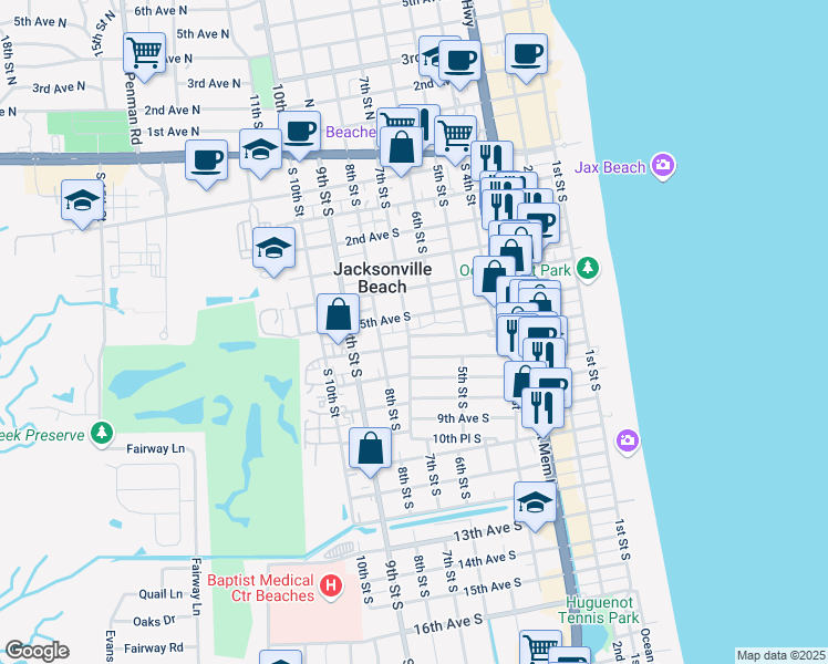 map of restaurants, bars, coffee shops, grocery stores, and more near 618 6th Avenue South in Jacksonville Beach