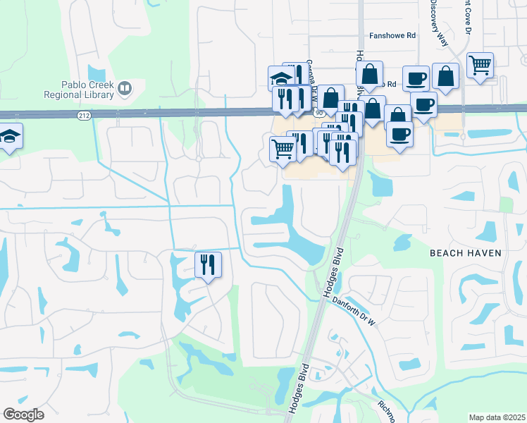 map of restaurants, bars, coffee shops, grocery stores, and more near 13419 Isla Vista Drive in Jacksonville