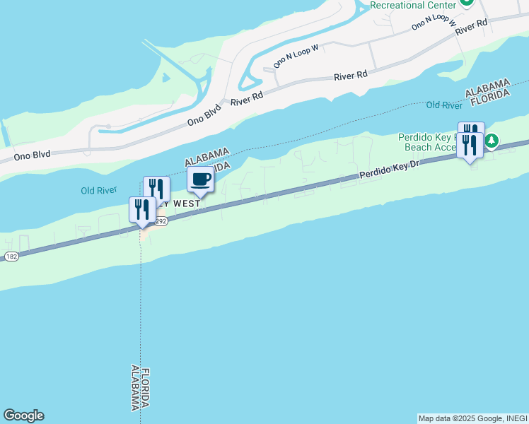 map of restaurants, bars, coffee shops, grocery stores, and more near 17075 Perdido Key Drive in Pensacola