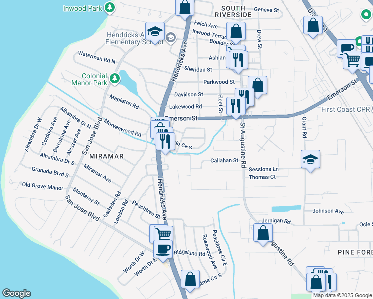 map of restaurants, bars, coffee shops, grocery stores, and more near 1734 Orlando Circle South in Jacksonville