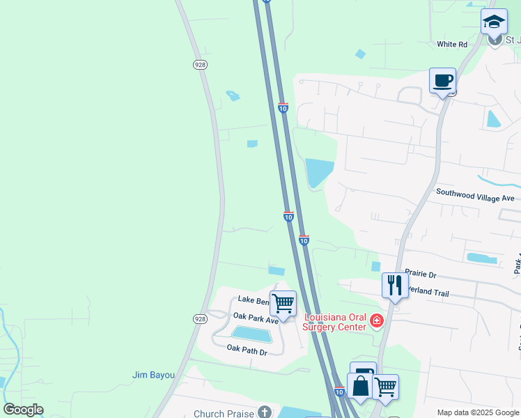 map of restaurants, bars, coffee shops, grocery stores, and more near 14572 Bluff Road in Prairieville