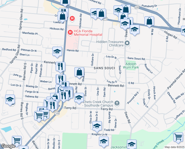 map of restaurants, bars, coffee shops, grocery stores, and more near 6329 Stetler Drive in Jacksonville