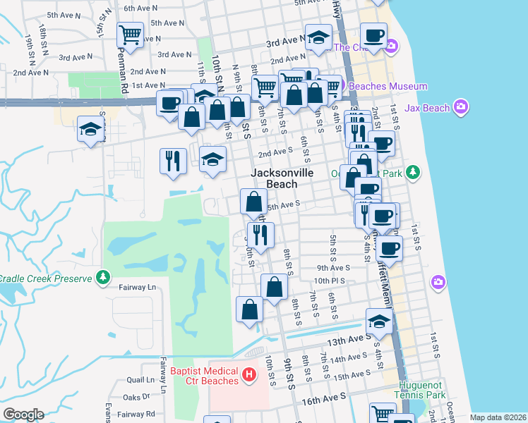 map of restaurants, bars, coffee shops, grocery stores, and more near 508 9th Street South in Jacksonville Beach
