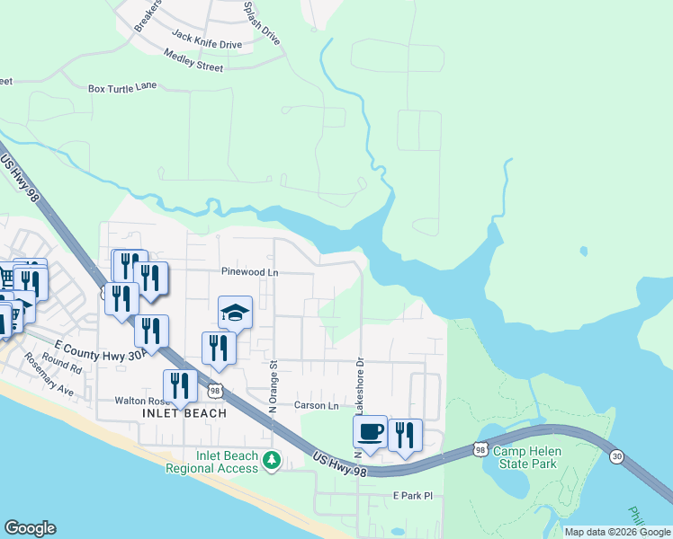 map of restaurants, bars, coffee shops, grocery stores, and more near 655 North Walton Lakeshore Drive in Walton County