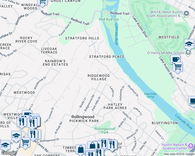 map of restaurants, bars, coffee shops, grocery stores, and more near 19 Sugar Shack Drive in West Lake Hills