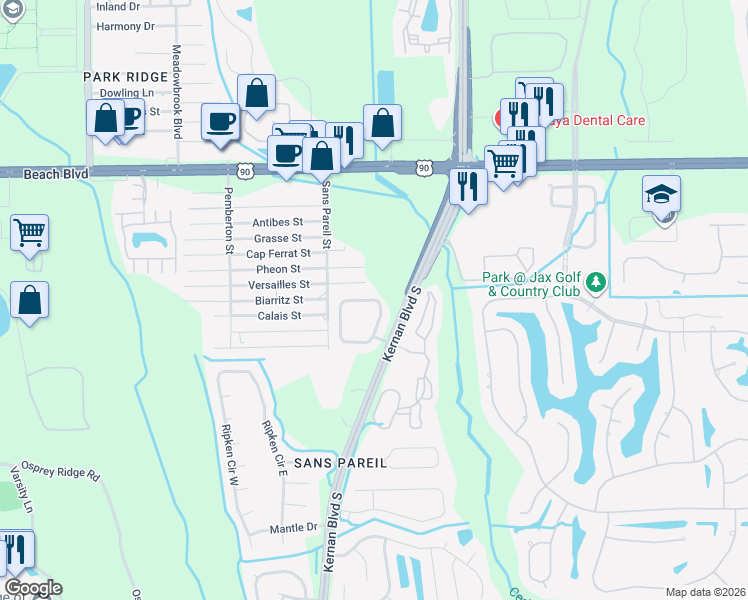 map of restaurants, bars, coffee shops, grocery stores, and more near 3977 Coastal Cove Circle in Jacksonville