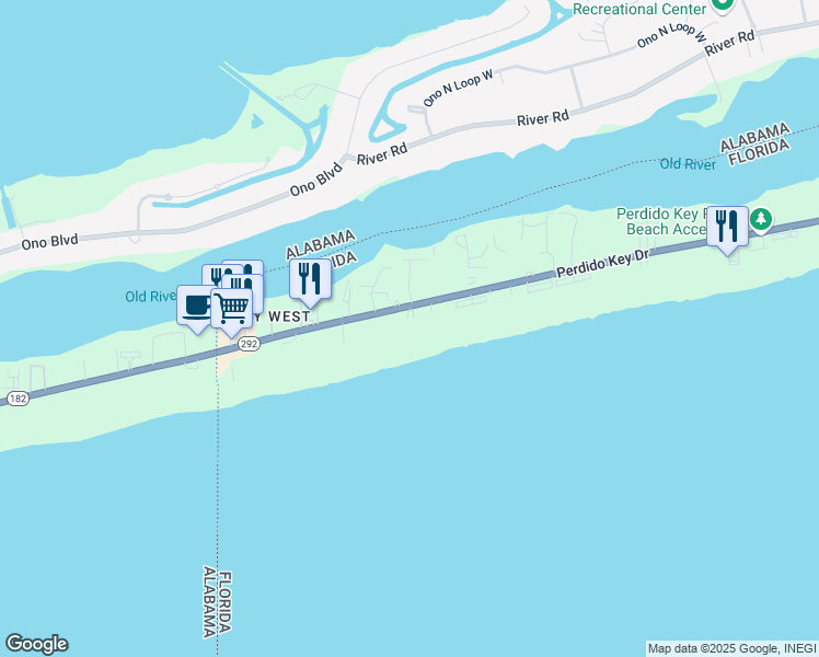 map of restaurants, bars, coffee shops, grocery stores, and more near 17075 Perdido Key Drive in Pensacola