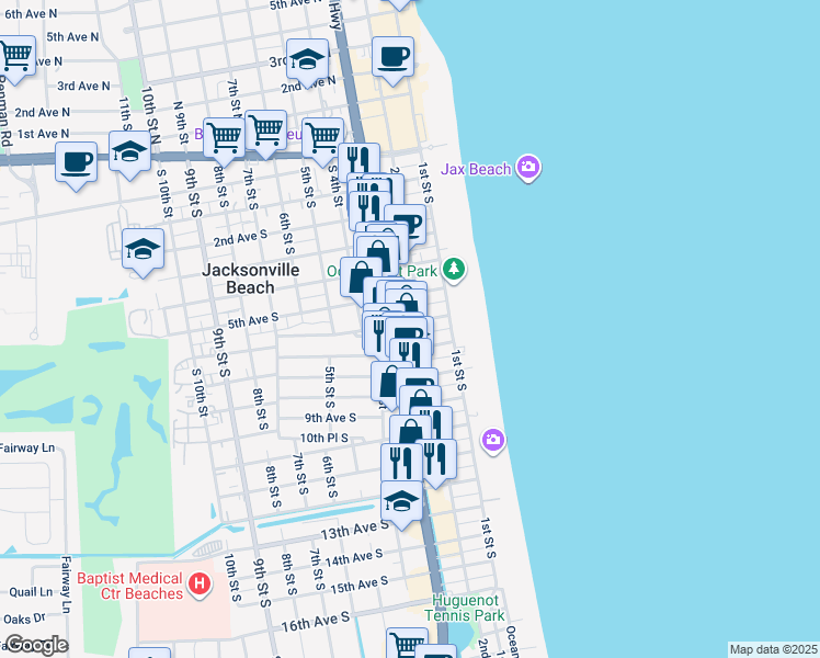 map of restaurants, bars, coffee shops, grocery stores, and more near 675 3rd Street South in Jacksonville Beach