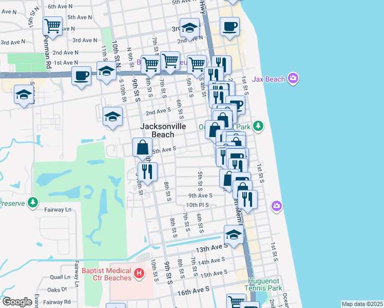 map of restaurants, bars, coffee shops, grocery stores, and more near 504 6th Avenue South in Jacksonville Beach