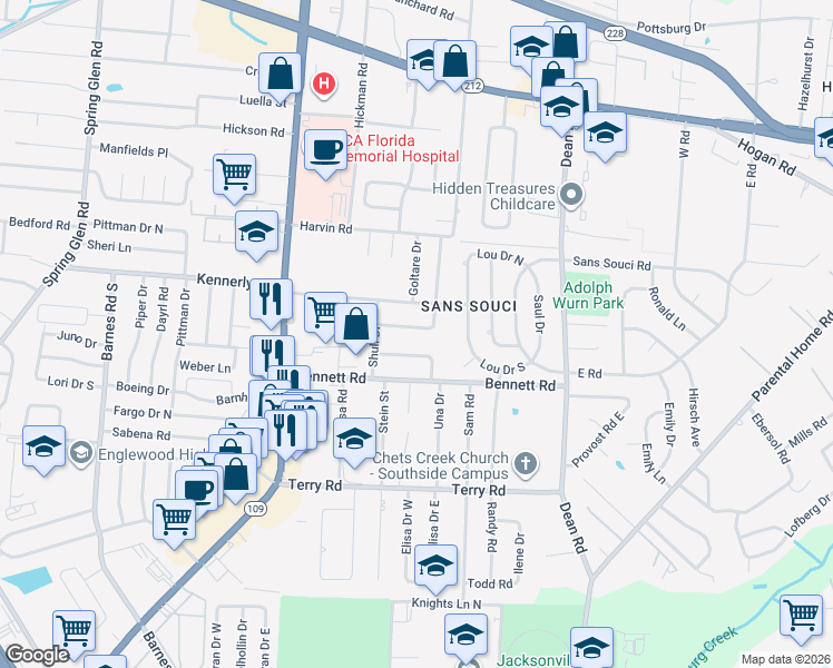 map of restaurants, bars, coffee shops, grocery stores, and more near 6329 Stetler Drive in Jacksonville