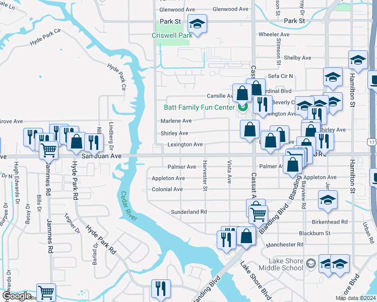 map of restaurants, bars, coffee shops, grocery stores, and more near 5250 San Juan Avenue in Jacksonville