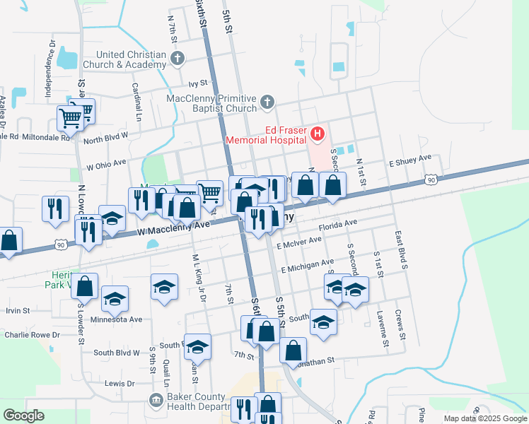 map of restaurants, bars, coffee shops, grocery stores, and more near in Macclenny