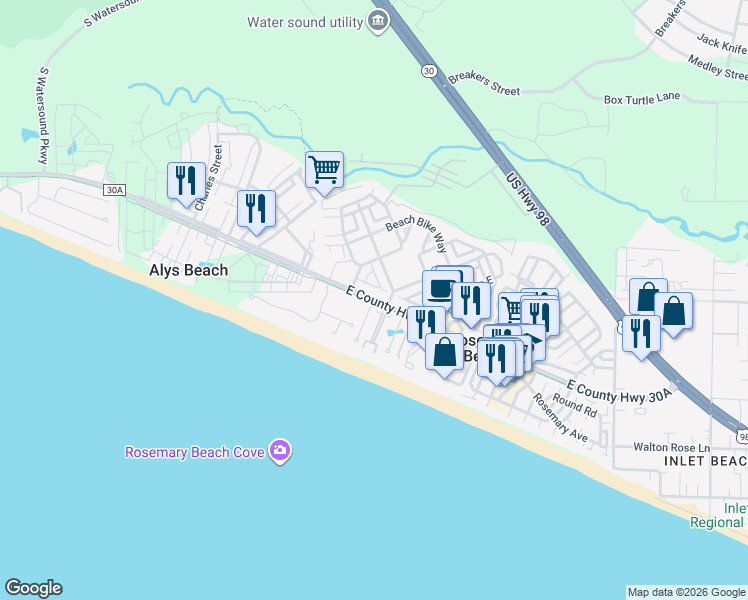 map of restaurants, bars, coffee shops, grocery stores, and more near 8442 East County Highway 30A in Panama City Beach