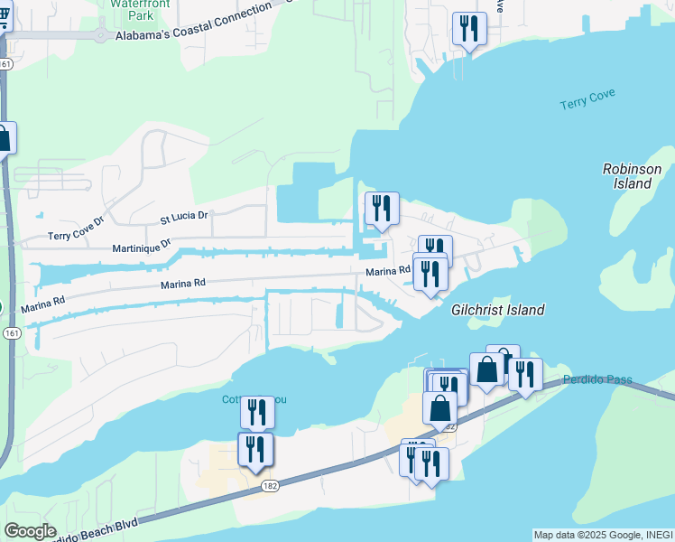 map of restaurants, bars, coffee shops, grocery stores, and more near 26900 Marina Road in Orange Beach