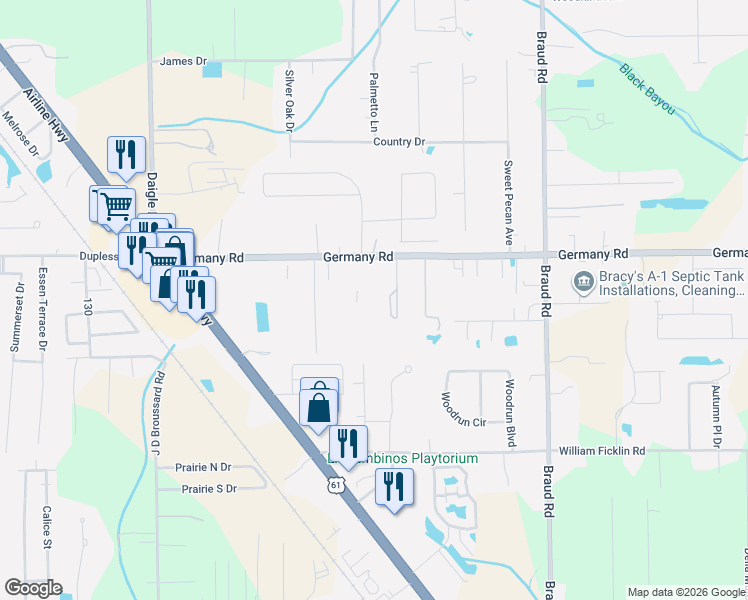 map of restaurants, bars, coffee shops, grocery stores, and more near 39311 Germany Road in Prairieville