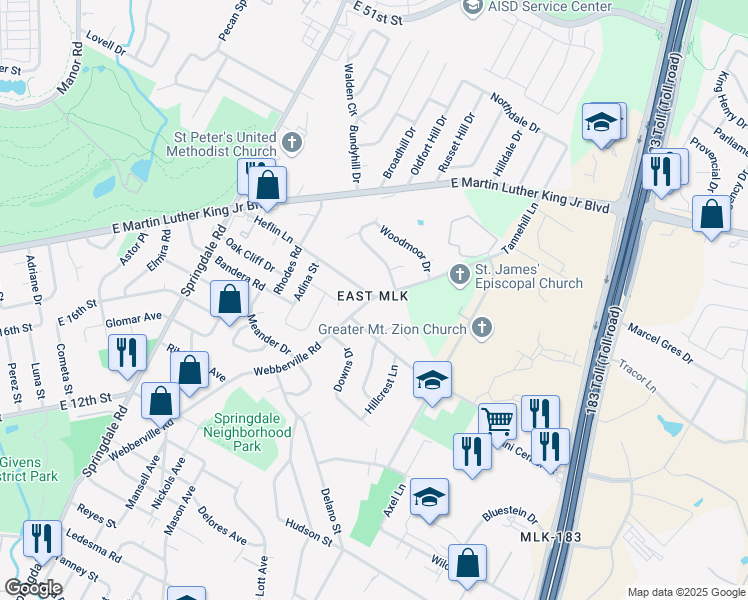 map of restaurants, bars, coffee shops, grocery stores, and more near 1803 Webberville Road in Austin