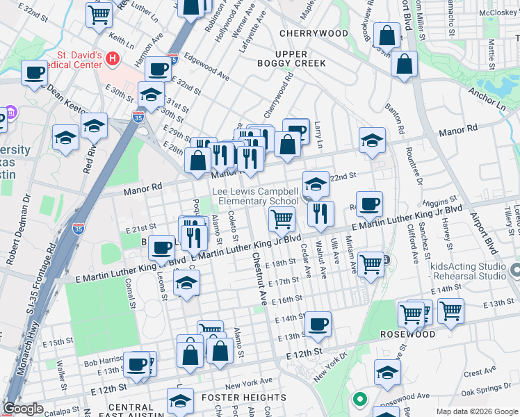 map of restaurants, bars, coffee shops, grocery stores, and more near 2007 Chestnut Avenue in Austin