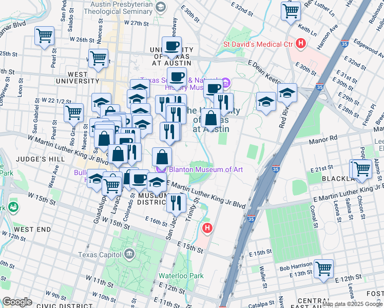 map of restaurants, bars, coffee shops, grocery stores, and more near 201 East 21st Street in Austin