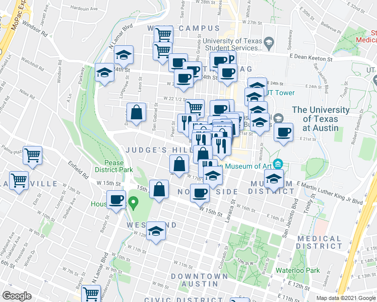 map of restaurants, bars, coffee shops, grocery stores, and more near 1801 West Avenue in Austin