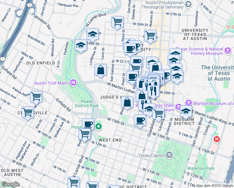 map of restaurants, bars, coffee shops, grocery stores, and more near in Austin
