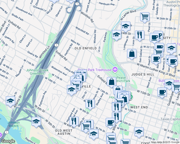 map of restaurants, bars, coffee shops, grocery stores, and more near 1501 Enfield Road in Austin