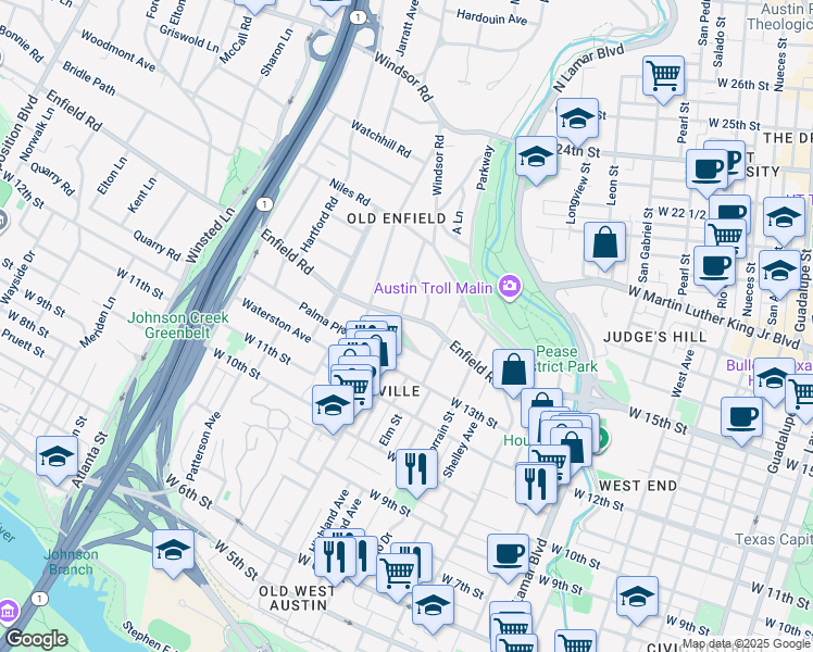 map of restaurants, bars, coffee shops, grocery stores, and more near 1524 Palma Plaza in Austin