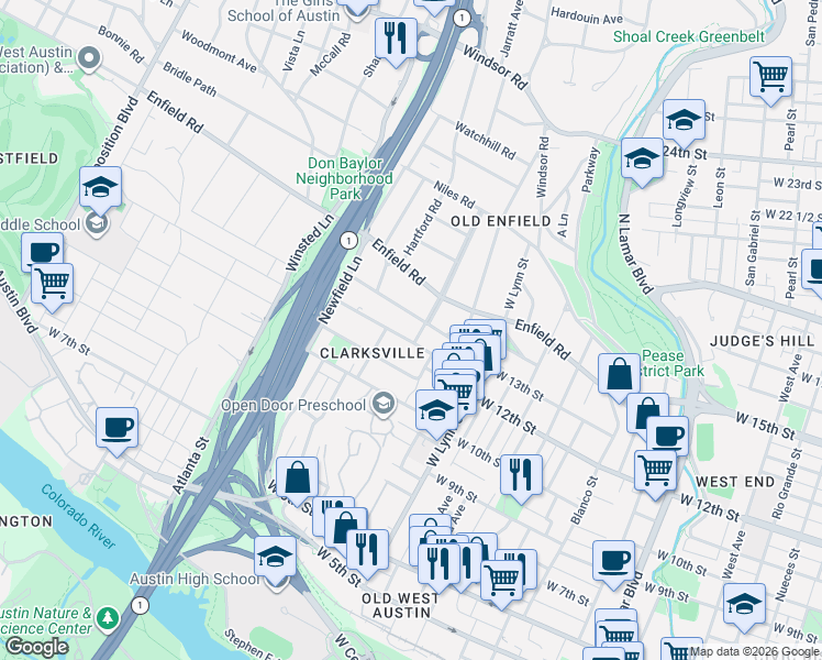 map of restaurants, bars, coffee shops, grocery stores, and more near 1640 Waterston Avenue in Austin