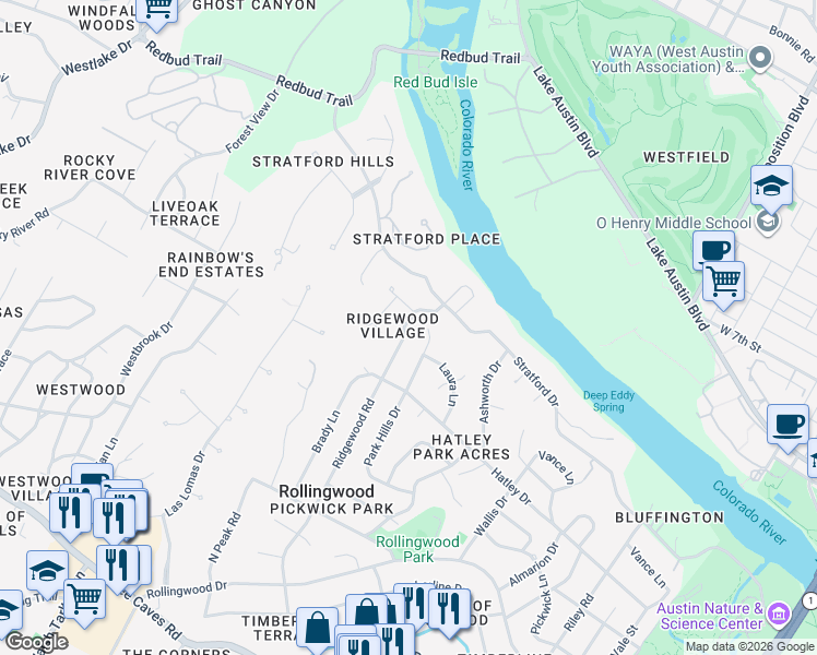 map of restaurants, bars, coffee shops, grocery stores, and more near 307 Ridgewood Road in Austin
