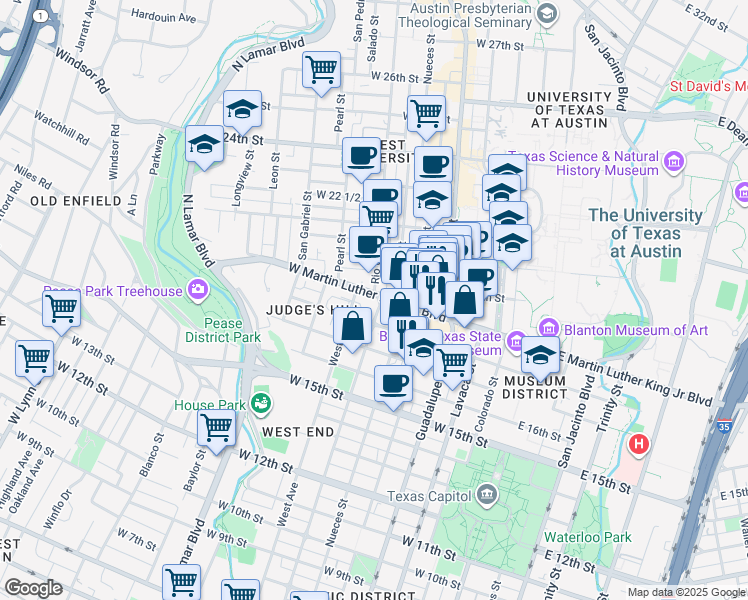 map of restaurants, bars, coffee shops, grocery stores, and more near 611 West Martin Luther King Junior Boulevard in Austin