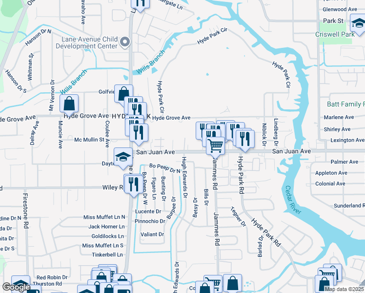map of restaurants, bars, coffee shops, grocery stores, and more near 6511 San Juan Avenue in Jacksonville