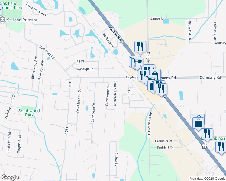 map of restaurants, bars, coffee shops, grocery stores, and more near 14475 Essen Terrace Drive in Gonzales