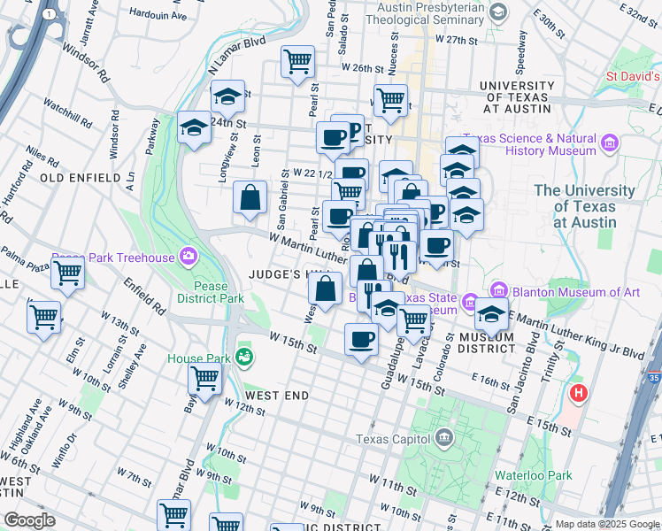 map of restaurants, bars, coffee shops, grocery stores, and more near 1801 West Avenue in Austin