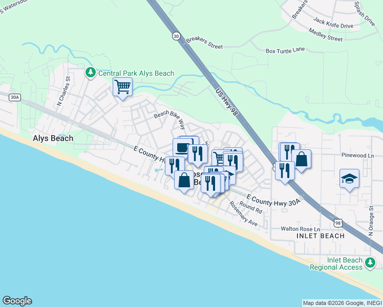 map of restaurants, bars, coffee shops, grocery stores, and more near 10343 East County Highway 30A in Alys Beach