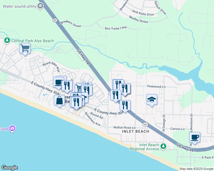 map of restaurants, bars, coffee shops, grocery stores, and more near 10343 Hwy 30 in Walton