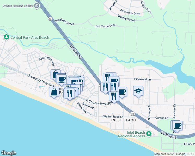map of restaurants, bars, coffee shops, grocery stores, and more near 10343 Highway 30 in Panama City Beach