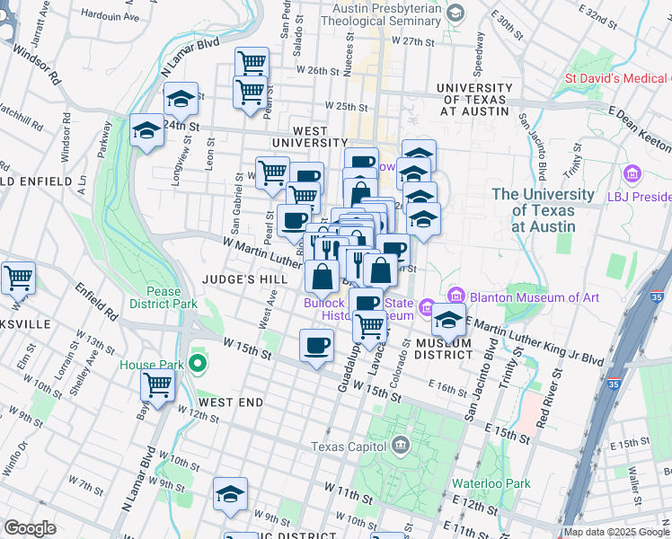 map of restaurants, bars, coffee shops, grocery stores, and more near 501w West Martin Luther King Junior Boulevard in Austin