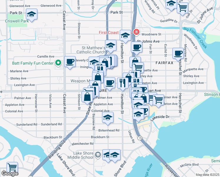 map of restaurants, bars, coffee shops, grocery stores, and more near 4570 San Juan Avenue in Jacksonville