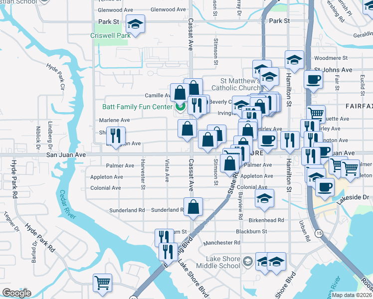 map of restaurants, bars, coffee shops, grocery stores, and more near 5014 San Juan Avenue in Jacksonville