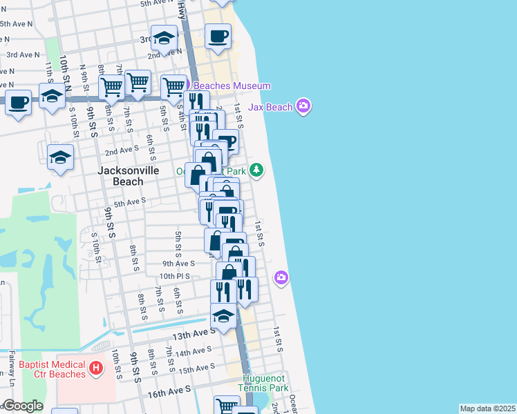 map of restaurants, bars, coffee shops, grocery stores, and more near 113 7th Avenue South in Jacksonville Beach