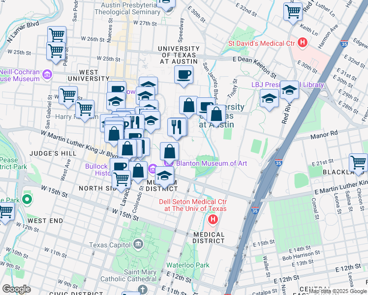map of restaurants, bars, coffee shops, grocery stores, and more near 201 East 21st Street in Austin