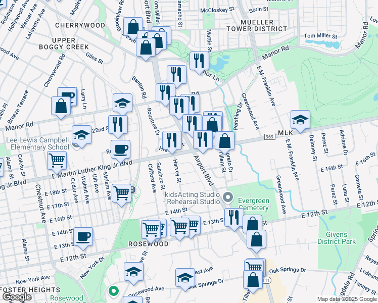map of restaurants, bars, coffee shops, grocery stores, and more near 1811 McKinley Avenue in Austin