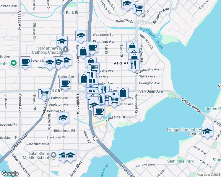 map of restaurants, bars, coffee shops, grocery stores, and more near 4342 San Juan Avenue in Jacksonville