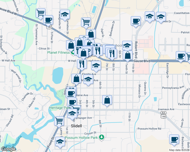 map of restaurants, bars, coffee shops, grocery stores, and more near 1440 5th Street in Slidell